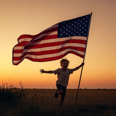 Boy waving American flag at sunset