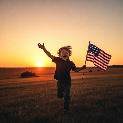 Boy waving American flag at sunset