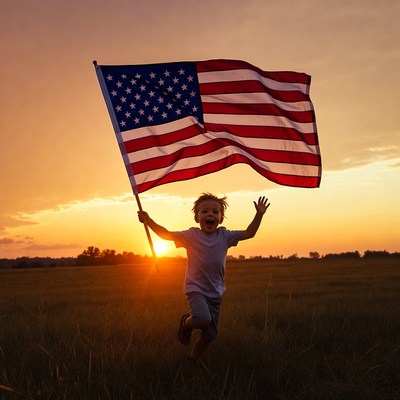 Boy waving American flag at sunset