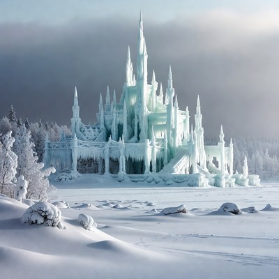 Ice Castle in Snowy Forest