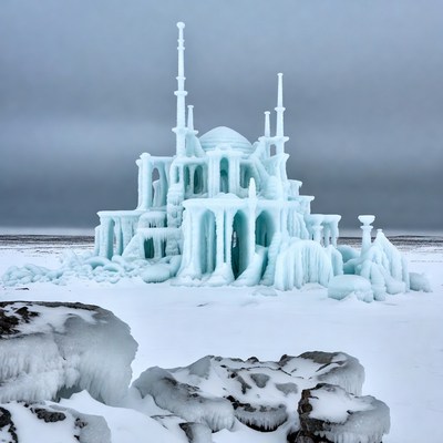 Ice Castle on Snowy Landscape