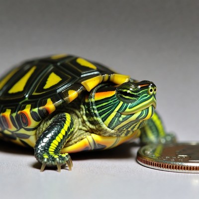 Baby red-eared slider turtle with coin