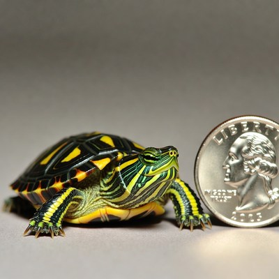 Baby red-eared slider turtle with quarter
