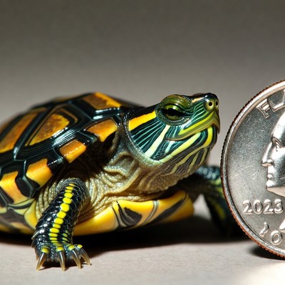 Baby red-eared slider turtle with quarter