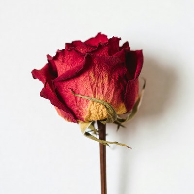 Dried red rose on white background