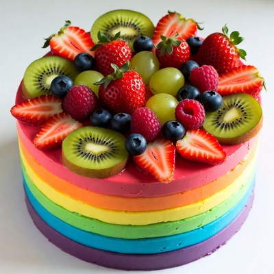 Rainbow Cake with Strawberries and Kiwi