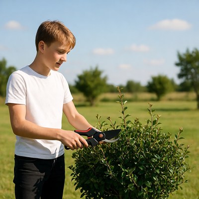 Boy pruning bush with shears