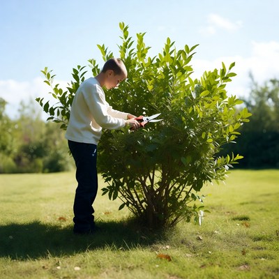 Boy pruning bush with shears