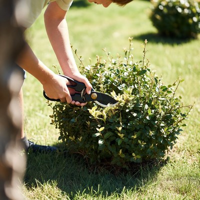 Boy pruning bushes with shears