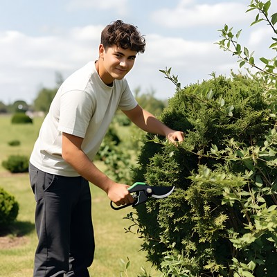 Young man trimming bushes with shears