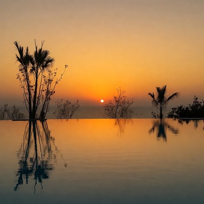 Infinity Pool Sunset with Palm Silhouettes