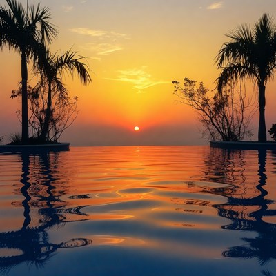 Sunset over infinity pool with palms