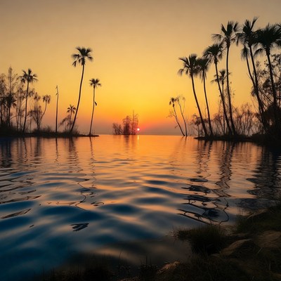 Sunset over infinity pool with palm trees