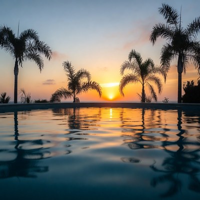 Sunset over infinity pool with palms