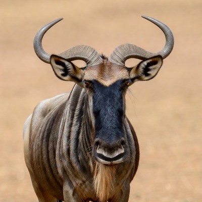 Close-up of wildebeest with large horns
