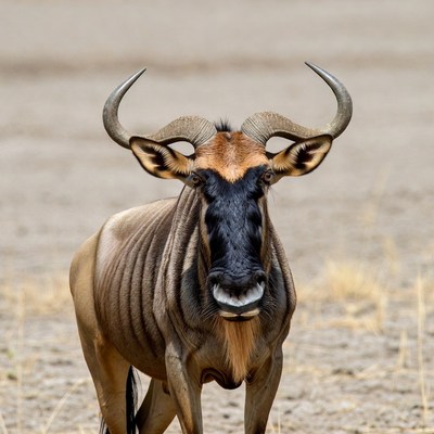 Close-up of wildebeest with curved horns