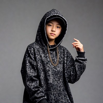 Asian boy in hooded sweatshirt posing