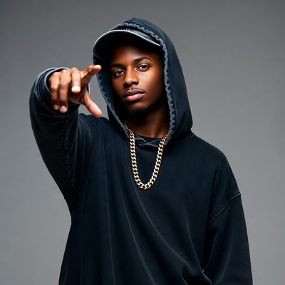 African-American man pointing in hoodie