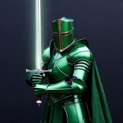 Green Knight Holding Glowing Sword