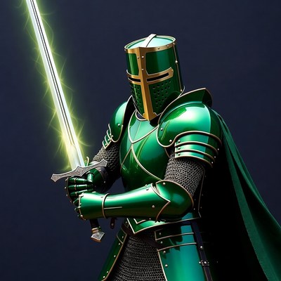 Green Knight Holding Glowing Sword