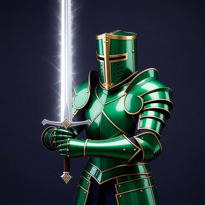 Green Knight Holding Glowing Sword