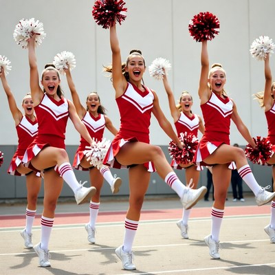 Cheerleader girls cheering with pom poms