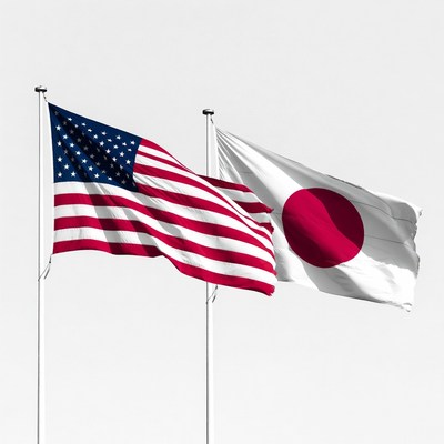 US and Japanese Flags Waving