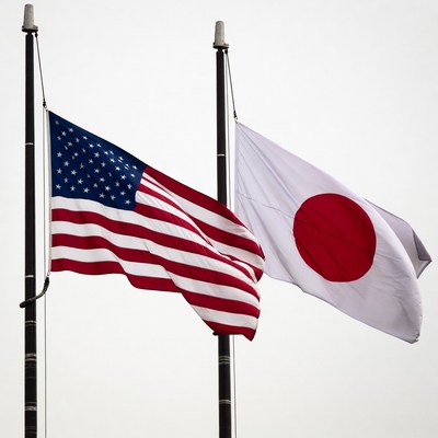 US and Japanese Flags Waving Together