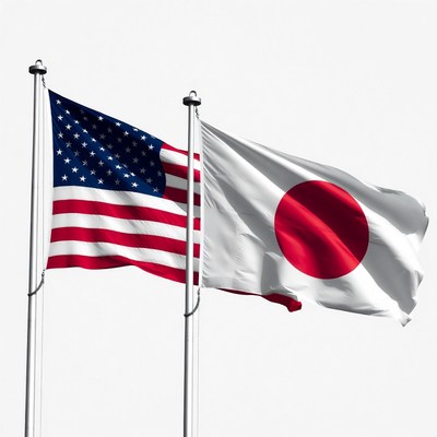 US and Japanese Flags Waving