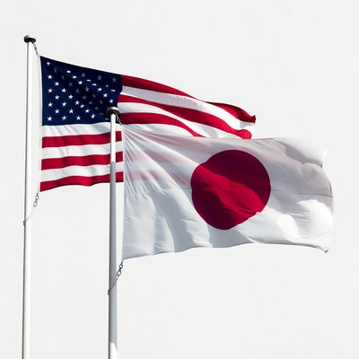 US and Japanese Flags Waving Together