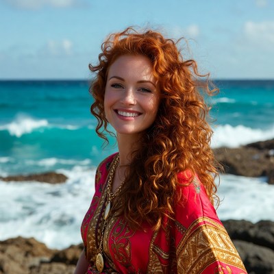 Redhead woman smiling at beach