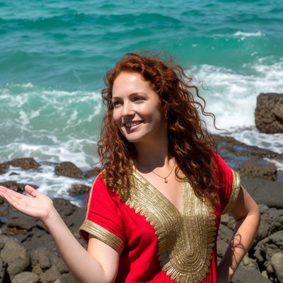 Redhead woman in red dress at beach
