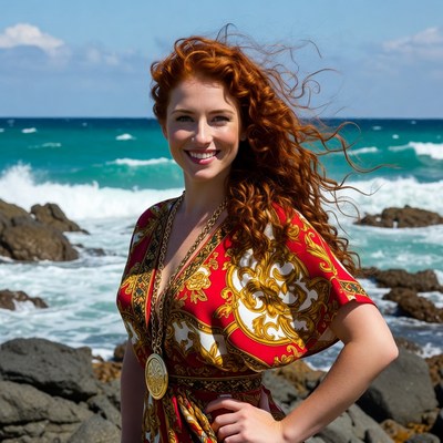 Redhead woman on beach rocks