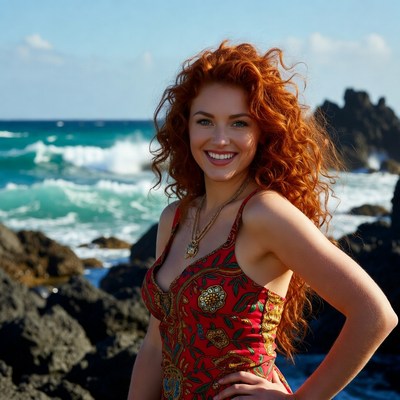Redhead woman smiling at beach