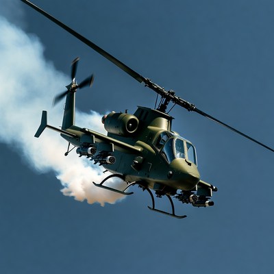 AH-1 Cobra helicopter flying with smoke