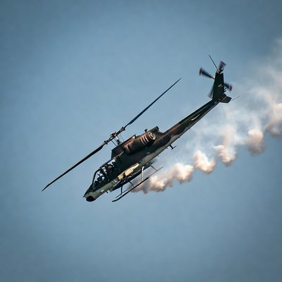 Military helicopter flying with smoke trail