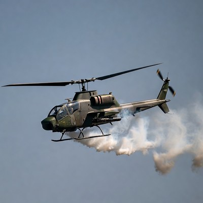 Military helicopter firing missile in flight