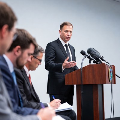 Man speaking at podium with audience