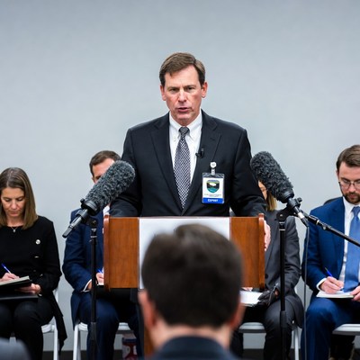 Man speaking at podium with audience