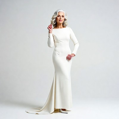 Elegant older woman in white gown