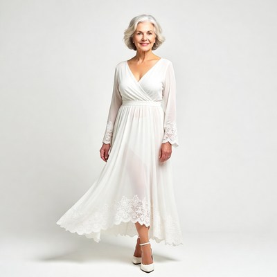 Elderly woman in white lace dress