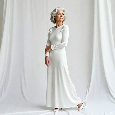 Elegant silver-haired woman in white dress