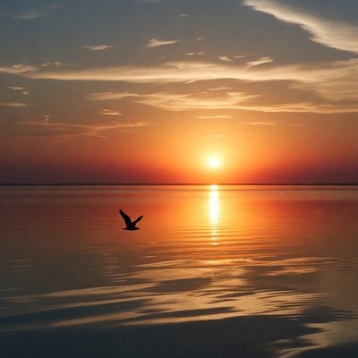 Bird flying over sunset lake