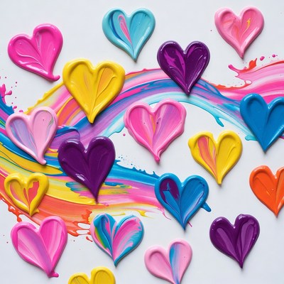Colorful Painted Hearts with Rainbow Splatter