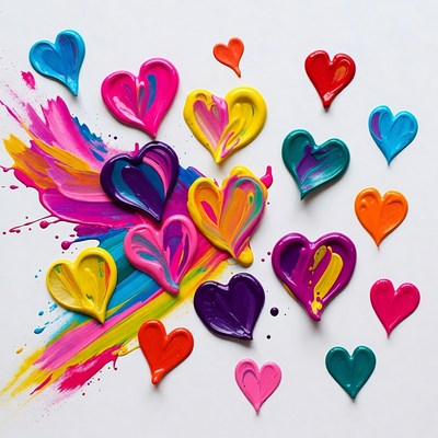 Colorful paint splatter heart shapes