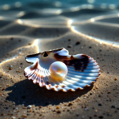 Seashell with Pearl on Beach