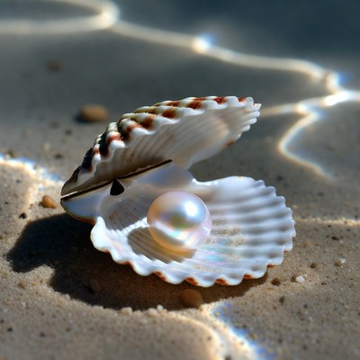 Open Seashell with Pearl on Beach