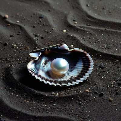 Pearl in Seashell on Black Sand