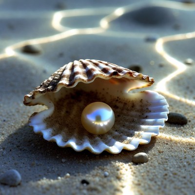 Open Seashell with Pearl on Beach