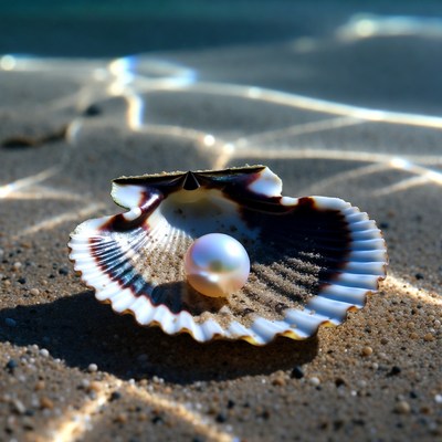 Open seashell with pearl on beach